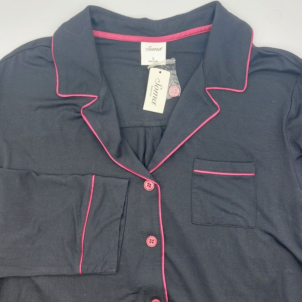 SOMA Cool Nights Notch Collar Pajama Top Women's Large Black Cranberry Trim NEW!